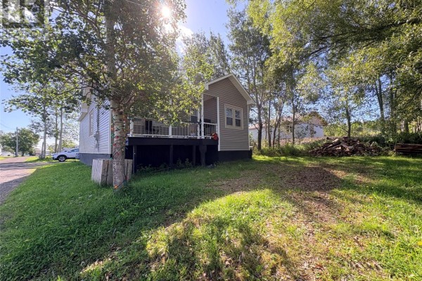 View of the house from the side yard, showing trees, grass, and a driveway. - 4 Bay Street, Little Burnt Bay