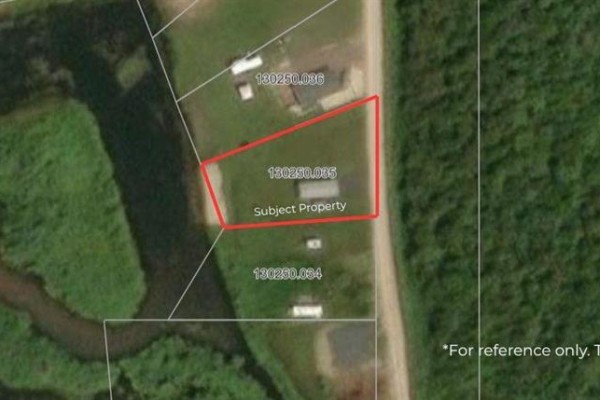 Aerial view of the subject property outlined in red, showing a small structure and adjacent lots. - 4 Falcon West Drive, Falcon Lake