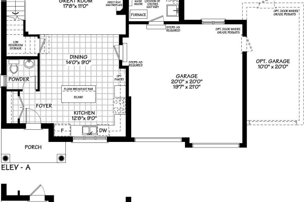 Floor plan of the main level showing kitchen, dining, great room, powder room, and garage. - 4 Larissa Park Drive, Quinte West