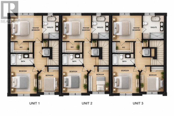 Second floor furnished plan of three townhome units, showing bedrooms, bathrooms, and closets. - 4 Tulip Boulevard, Paradise