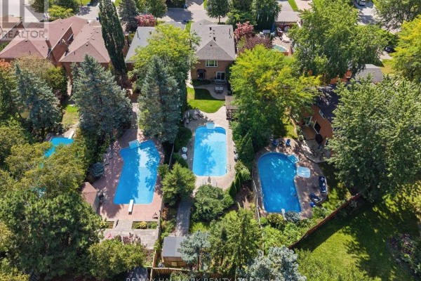 Aerial view of a large backyard with three swimming pools and mature trees. - 40 Colonel Butler Drive, Markham