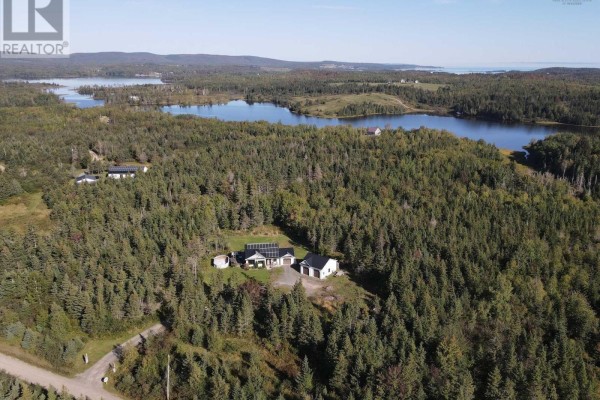 Aerial view of the property surrounded by dense evergreen forest and a lake. - 40 Naveen Lane, Antigonish