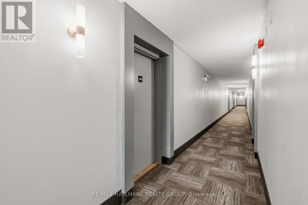 Interior hallway of an apartment building with grey walls, carpeted floor, and multiple doors. - 400 - 218 Viewmount Drive, Ottawa
