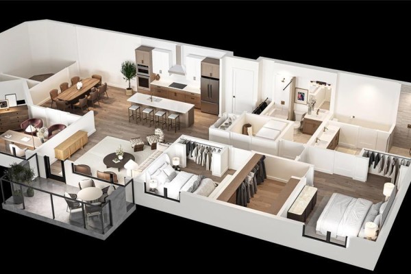 3D floor plan rendering of an apartment with open-concept living, kitchen, dining, and three bedrooms. - 401 2328 St. Mary's Road, Winnipeg