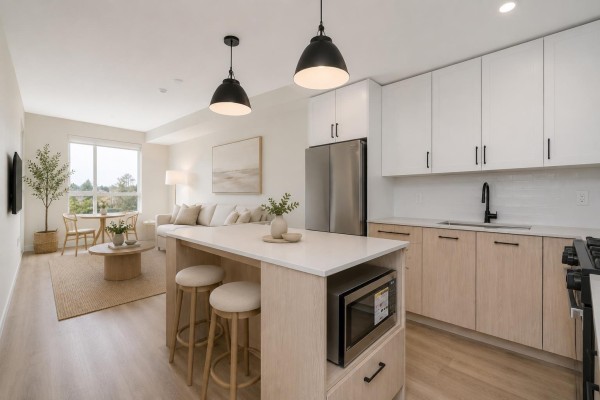 Modern kitchen with white and wood cabinets, quartz island, and stainless steel appliances. - 401 27215 Aldergrove Town Centre Drive, Langley