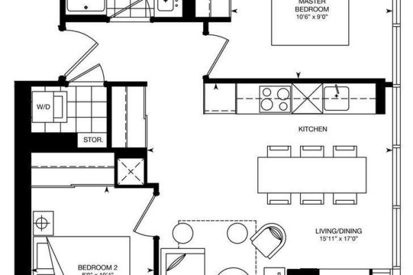 Floor plan showing two bedrooms, a kitchen, living/dining area, and bathrooms. - 4010 - 395 Bloor Street E, Toronto