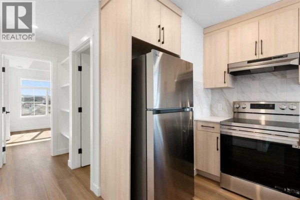 Kitchen view showing stainless steel refrigerator, light wood cabinets, and entry to hallway with doors. - 402, 156 Park Street, Cochrane