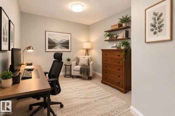 Kitchen island with seating, wooden cabinets, and black appliances. - #402 9020 Jasper Av Nw, Edmonton