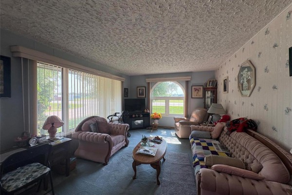 Living room with pink velvet sofas, a coffee table, a television, and large windows. - 402 Buchanon Avenue, Dauphin