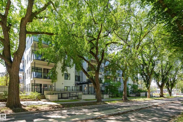Apartment building exterior with balconies, seen from across the street under trees. - #403 10837 83 Av Nw Nw, Edmonton