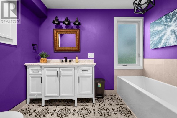 Purple bathroom with white vanity, gold mirror, and bathtub - 403 Alfred Street Pembroke