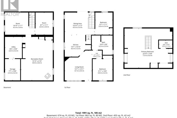 Floor plan with dimensions for basement, 1st, and 2nd floors - 403 Alfred Street Pembroke