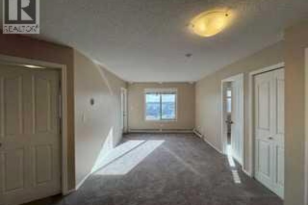 Living room with grey carpet, beige walls, and natural light from window. - 404, 7130 80 Avenue Ne, Calgary