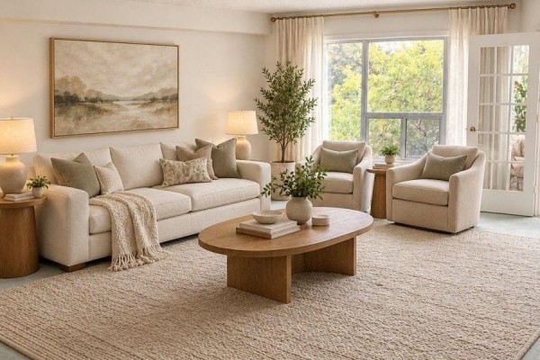 Living room with beige sofa, armchairs, wooden coffee table, and a large window with trees. - 404 - 2121 Lakeshore Road, Burlington