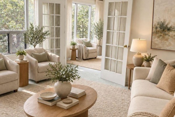 Living room with beige furniture, coffee table, and french doors opening to a sunroom area. - 404 - 2121 Lakeshore Road, Burlington