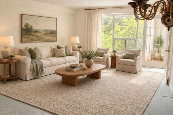 Living room with large beige sofa, armchairs, wooden coffee table, and a view of trees outside. - 404 - 2121 Lakeshore Road, Burlington