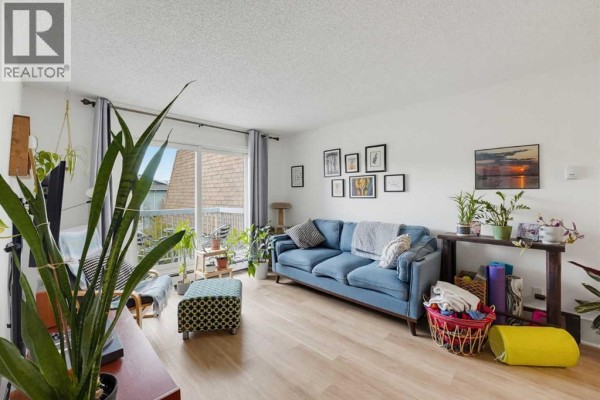 Living room with a blue sofa, plants, and a sliding glass door to a balcony. - 405, 540 18 Avenue Sw, Calgary