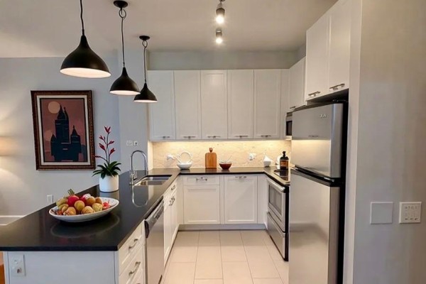 U-shaped kitchen with white cabinets, black countertops, stainless steel appliances, and pendant lights. - 405 - 2470 Prince Michael Drive, Oakville