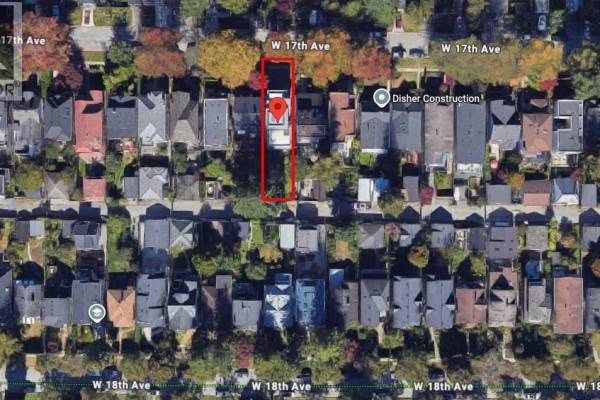 Aerial view of a property lot outlined in red on W 17th Avenue. - 4054 W 17th Avenue, Vancouver
