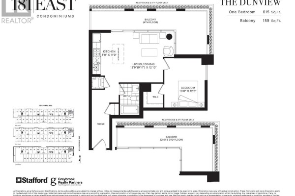 Floor plan of a one-bedroom apartment with living, dining, kitchen, bath, and balcony. - 406 - 181 Sheppard Avenue E, Toronto