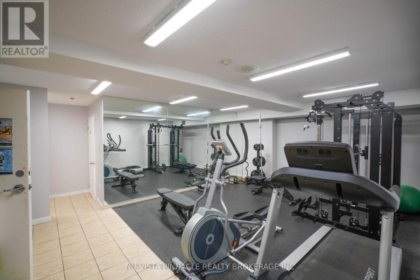 Apartment building gym with treadmills, ellipticals, weight machines, and mirrors. - 406 - 30 Chapman Court, London North