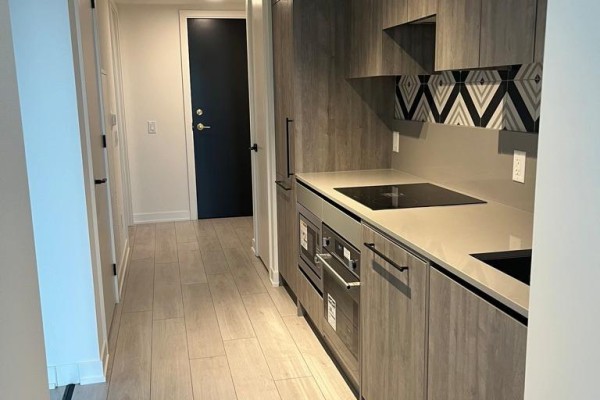 Apartment hallway leading to a black door, with a modern kitchen on the right. - 406 - 5 Lakeview Avenue, Toronto