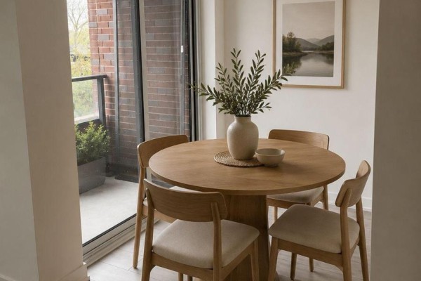 Round wooden dining table with four chairs near a sliding glass door to a balcony. - 406 - 5 Lakeview Avenue, Toronto