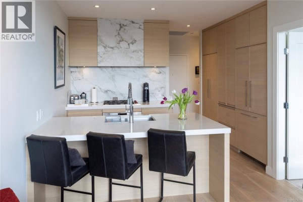 Modern kitchen with marble backsplash, bar seating, and light wood cabinetry. - 406 1916 Oak Bay Ave, Victoria