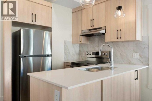 Detail view of kitchen cabinetry, stainless steel refrigerator, and countertop with a sink. - 407, 156 Park Street, Cochrane