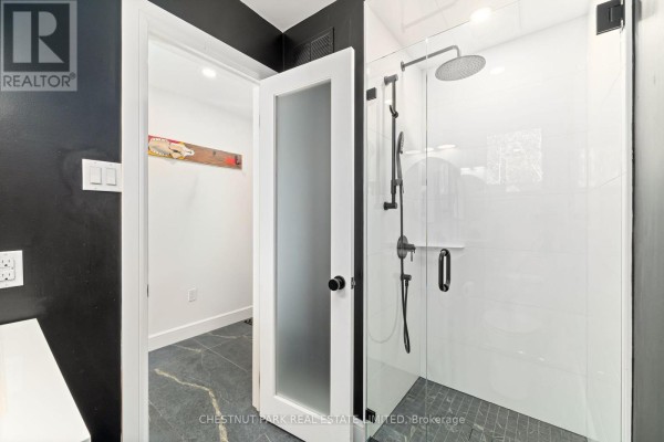 Glass-enclosed shower with rainfall showerhead and dark tile floor - 407 County Road 4 Prince Edward County