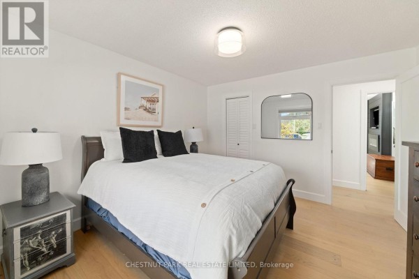 Bedroom with king bed, artwork, and arched mirror - 407 County Road 4 Prince Edward County