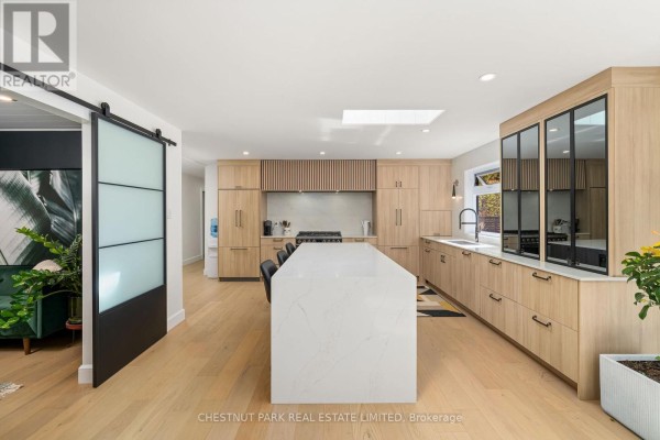 Modern kitchen with island, skylight, and barn door - 407 County Road 4 Prince Edward County