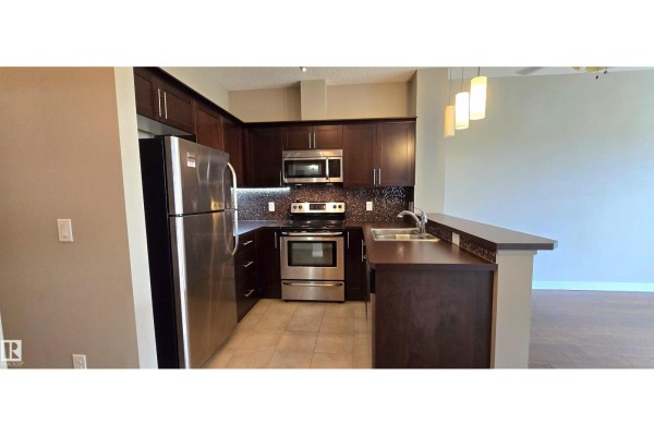 Kitchen featuring dark cabinetry, stainless steel appliances, and a tiled backsplash with a partial view of the living space. - #409 2584 Anderson Wy Nw, Edmonton
