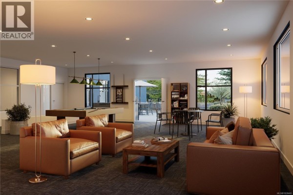 Second bedroom with a black bed, nightstands, and large windows with a view. - 409 2881 Leigh Rd, Langford