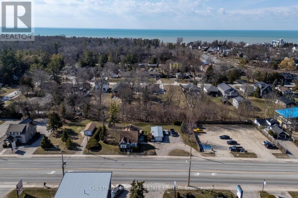 Aerial view of the commercial properties and surrounding residential neighborhood. - 41 & 45 Ontario Street S, Lambton Shores