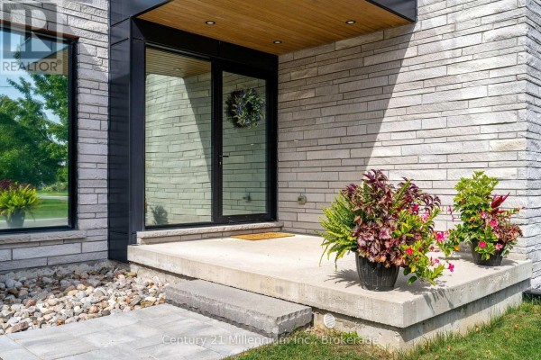 Concrete front porch with potted plants, leading to a glass front door with stone surround. - 41 Alice Street W, Blue Mountains