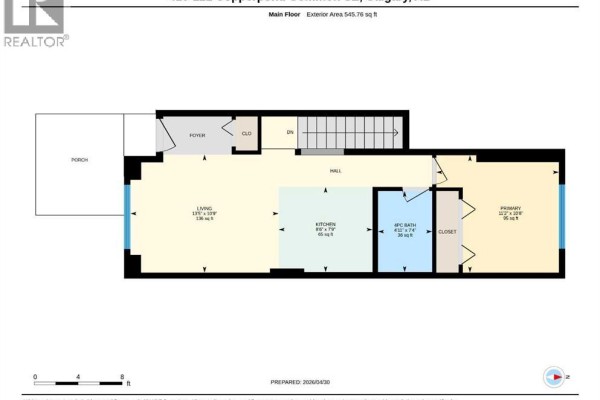 Floor plan of a townhouse with living, kitchen, 4-piece bath, and primary bedroom labeled. - 410, 121 Copperpond Common Se, Calgary