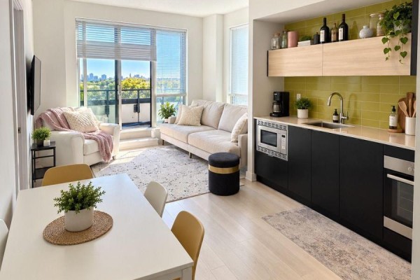 Bright living room with beige sofa and kitchen featuring black cabinets and yellow tile backsplash. - 411 - 20 Thomas Riley Road, Toronto