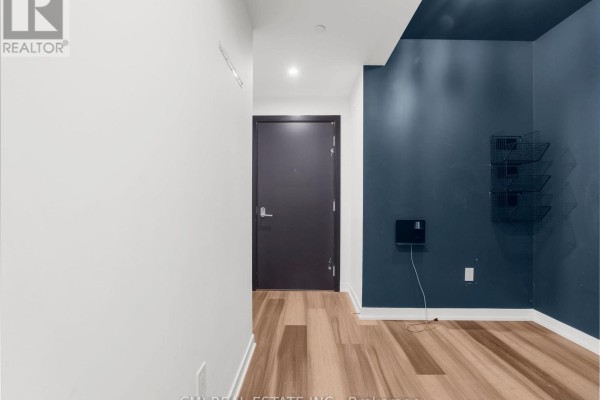 Interior hallway with white walls, a dark grey door, and light wood floors. - 411 - 5 Wellington Street S, Kitchener