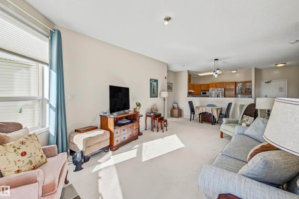 Living area with a television, sofa, armchair, dining table, and kitchen counter. - #411 10 Ironwood Pt, St  Albert