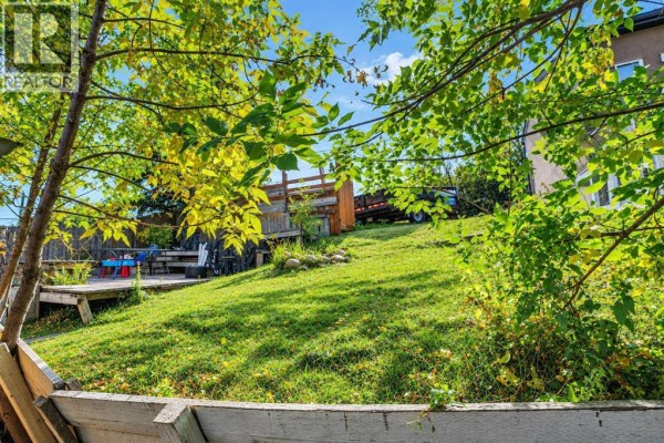 Sloping backyard with grass, trees, and a wooden fence. - 411 33 Avenue Ne, Calgary