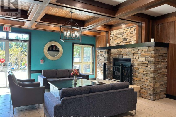 Lounge area featuring a stone fireplace and modern furniture. - 412 - 190 Jozo Weider Boulevard, Blue Mountains