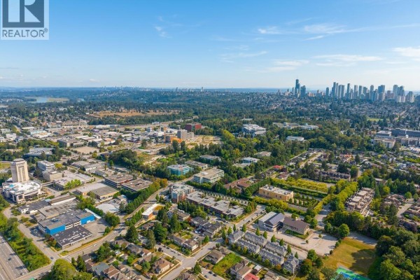Aerial view of houses, backyard, and street with surrounding trees. - 4137 Dominion Street, Burnaby