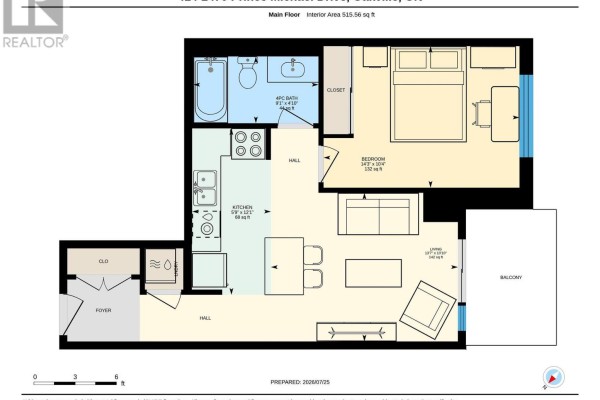 Floor plan of a one-bedroom apartment showing living room, kitchen, bedroom, bathroom, and balcony. - 414 - 2470 Prince Michael Drive, Oakville