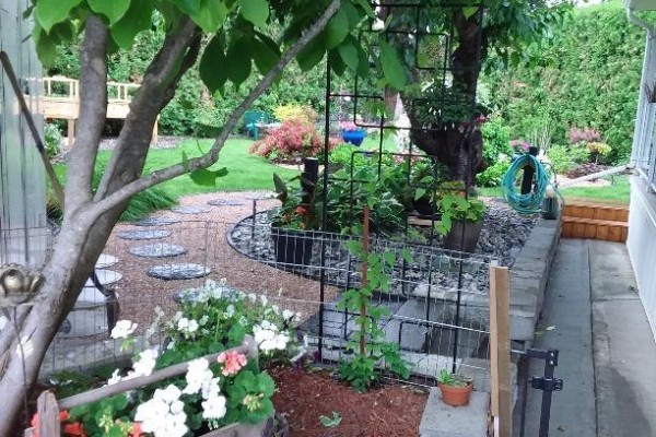 Stone pathway through a garden with a variety of plants and a metal fence. - 415 Commonwealth Road Unit# 348, Kelowna