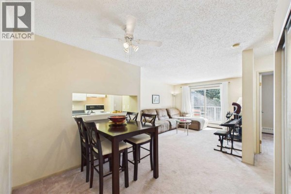 Living and dining area with open kitchen, carpet, furniture, and ceiling fan. - 416, 21 Dover Point Se, Calgary