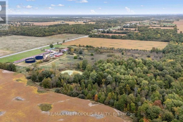 Aerial view of farm buildings, silos, trees, and a small pond. - 4175 Netherby Road, Fort Erie