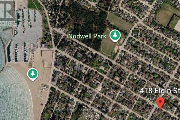 Aerial map showing the location of 418 Elgin Street in Saugeen Shores, near Nodwell Park and the beach. - 418 Elgin Street, Saugeen Shores