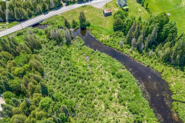 Aerial view of a winding creek and surrounding green vegetation bordering a forest. - 4186 Tatlock Road, Lanark Highlands