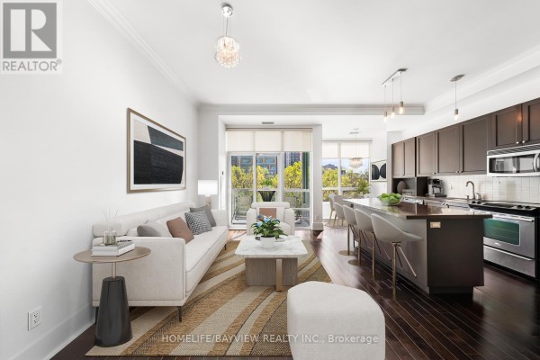 Open concept living room and kitchen with dark brown cabinets, white sofa, and island. - 420 - 120 Homewood Avenue, Toronto